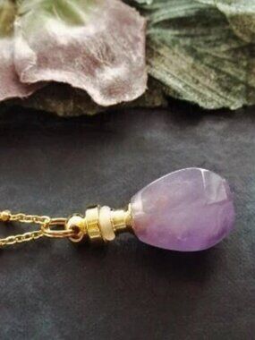 Amethyst Refillable Perfume Bottle Teardrop Crystal Pendant Necklace Lavender